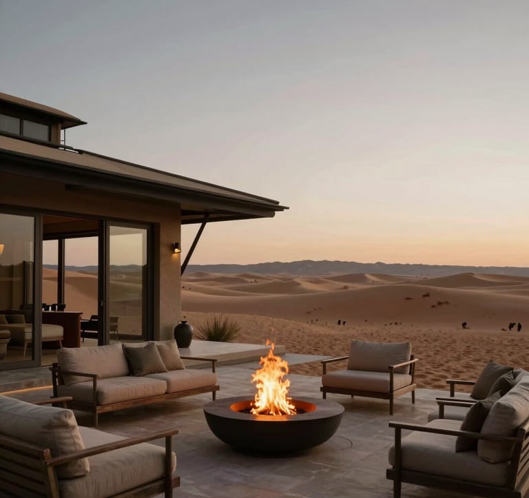 An editorial architectural photograph of a high-end safari lodge terrace at dusk. Muted sand and taupe tones. A fire pit glows softly under a vast desert sky. The setting is designed for a Global / Discerning English-speaking audience, emphasizing quiet power and exclusivity.