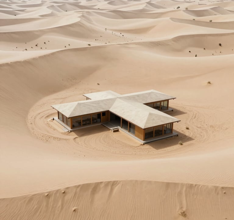 An aerial view of a remote, architectural lodge nestled in a desert landscape, the structure blending perfectly with the sand and ivory dunes. Minimalist and spacious composition. Global / Discerning English-speaking.