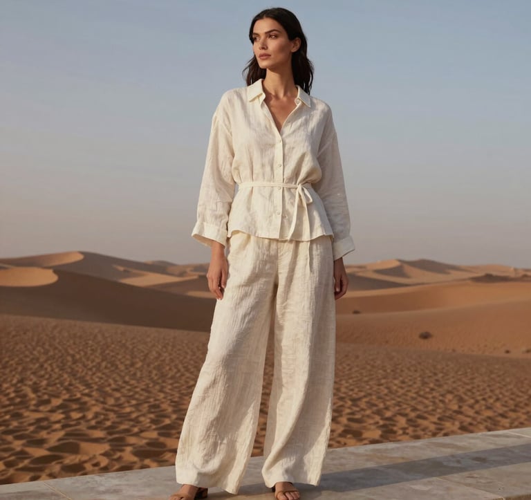 A refined editorial portrait of a woman in high-end linen clothing standing on a terrace overlooking a serene desert landscape at twilight. The palette features sand and ivory. Global / Discerning English-speaking.