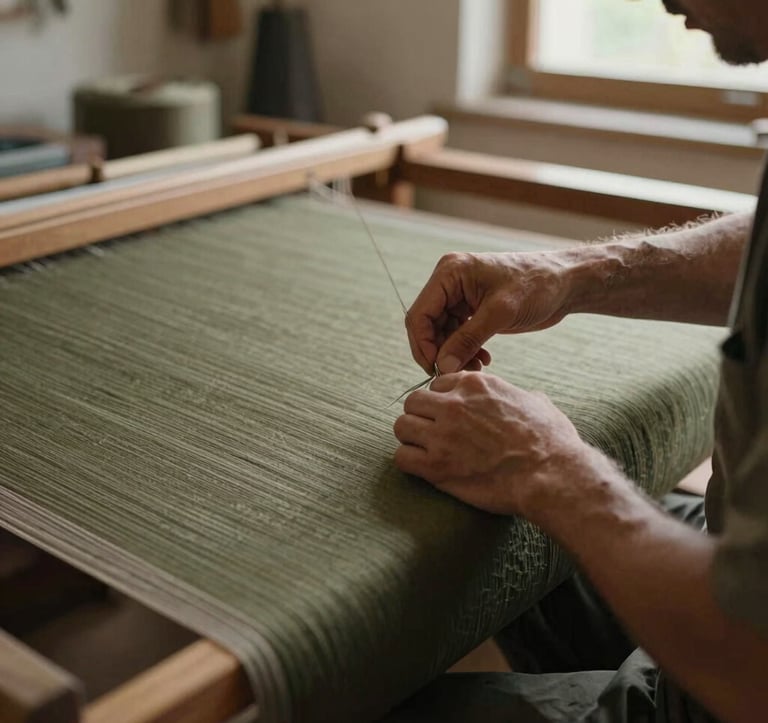 An intimate, editorial photograph of a master artisan's hands working with traditional textiles in a sun-drenched European atelier. The lighting is soft and natural, with tones of deep olive and taupe. Capturing the spirit of a Global / Discerning English-speaking cultural immersion.