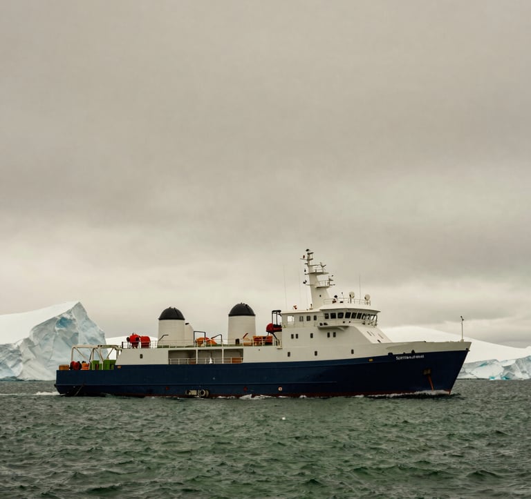 Minimalist photography of a sleek, eco-conscious research vessel navigating the deep olive waters of the Antarctic. The icebergs are ivory and grey against a taupe sky. The scene is spacious, evocative, and conveys a sense of high-end scientific exploration. Global / Discerning English-speaking.