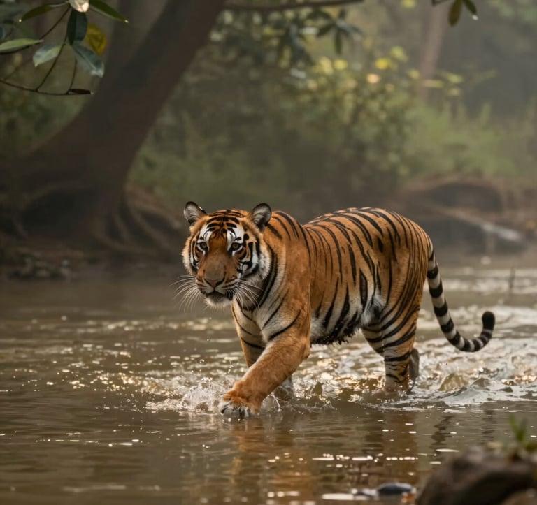 Editorial photography of a Bengal tiger wading through a misty jungle river in India. The light is soft and golden, catching the ripples in the water. The surrounding forest is a rich deep olive, with the composition feeling intimate and rare. Global / Discerning English-speaking perspective.