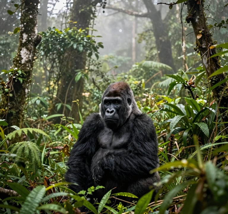Photography of a mountain gorilla in the lush, emerald-green forest of Volcanoes National Park. The atmosphere is misty and calm, with highlights of soft ivory light filtering through the canopy. Sophisticated, editorial framing. Global / Discerning English-speaking appeal.