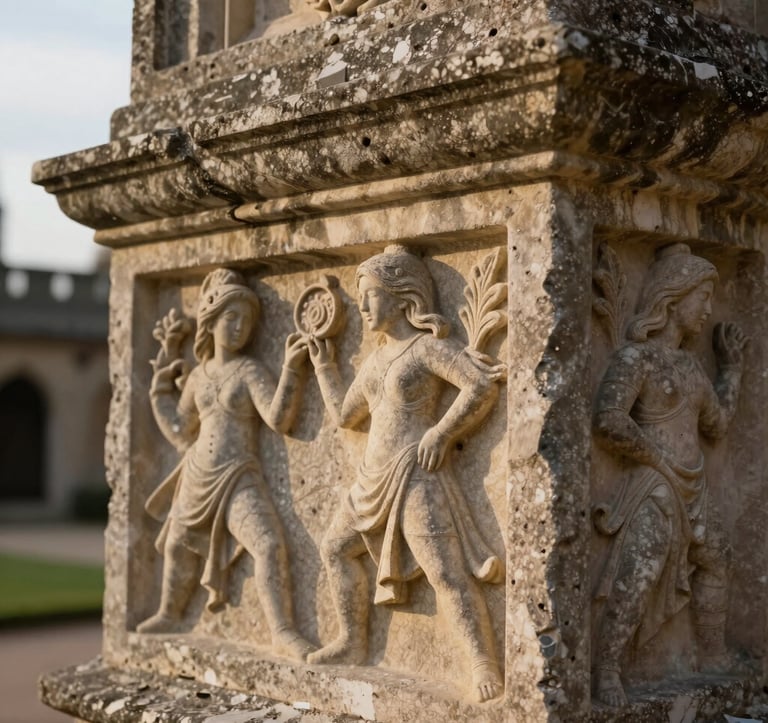 Macro photography of weathered stone carvings on a historic European manor, soft afternoon light highlighting textures of taupe and sand. Elegant and serene atmosphere. Global / Discerning English-speaking.