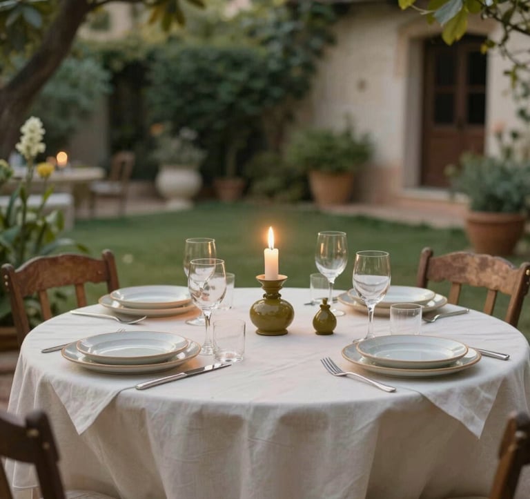 An intimate scene of a private dinner in a lush, candlelit Mediterranean garden. Table set with ivory linens and fine olive-toned ceramics. Soft, evocative lighting. Global / Discerning English-speaking.