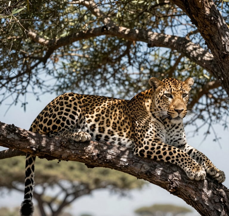 A close-up, sharp-focus photograph of a leopard resting on a branch in a sprawling acacia tree. Dappled sunlight creates a pattern of ivory and deep olive shadows on its fur. The composition is artistic and powerful, mirroring a luxury editorial style. Global / Discerning English-speaking.