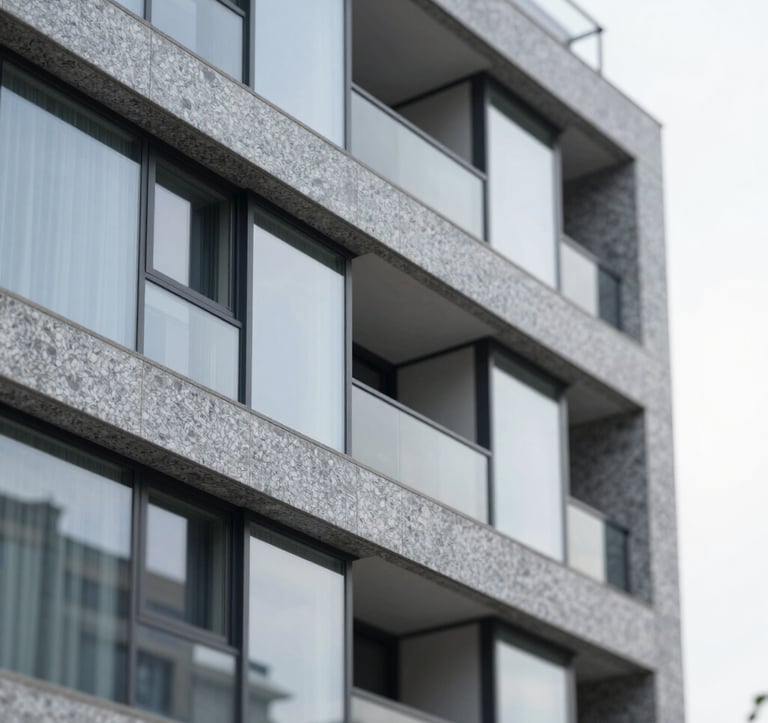 A detail shot of premium architectural materials: polished grey granite and clean glass panels of a modern apartment building in Bellandur. The shot is sharp and sophisticated, highlighting quality and physical integrity.