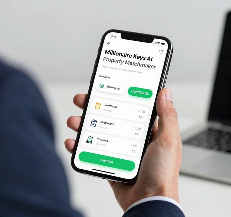 A close-up of a high-end smartphone screen displaying the Millionaire Keys AI Property Matchmaker interface. The screen shows investment analytics and a green 'Certified' badge. The device is held by a professional in a navy suit. Minimalist office setting.