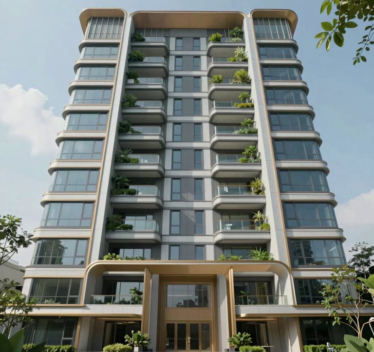 A luxury multi-floor residential building in HSR Layout, featuring modern architectural lines, vertical gardens, and premium materials. The shot is taken from a low angle to emphasize scale and quality, with a professional wealth-management aesthetic and #1B3A36 green tones in the landscaping.