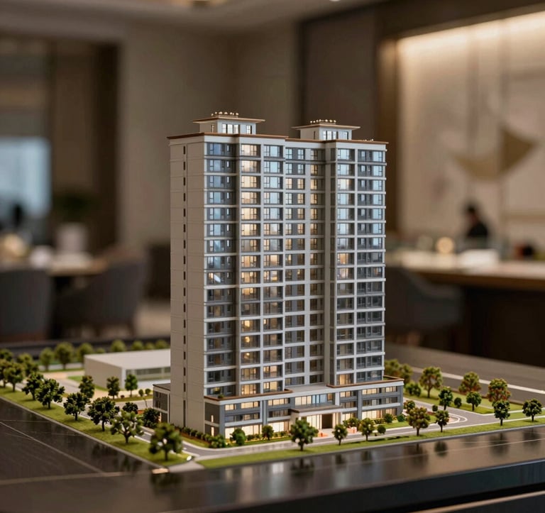 An architectural model of a multi-floor apartment building on a dark, polished desk, representing high-yield real estate investments, illuminated with focused studio lighting to emphasize precision and luxury.