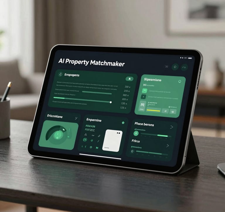 A close-up of a sleek digital tablet displaying an AI Property Matchmaker interface with interactive data visualizations, set against a blurred background of a luxury home office, featuring brand colors #1B3A36 and #F5F2EC.