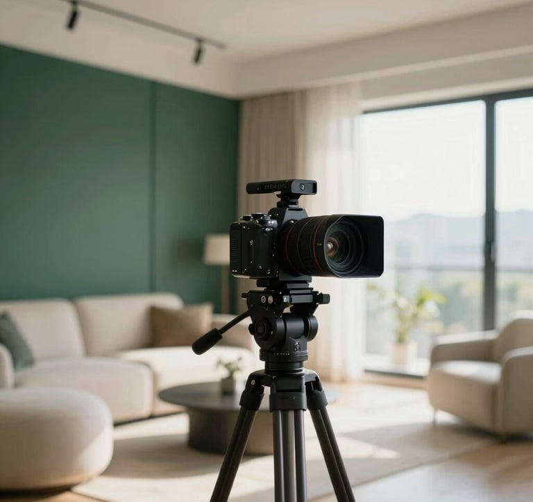 A sleek, professional cinematic camera on a tripod, capturing a sun-drenched, high-end 2BHK rental apartment. The interior is decorated in a luxury minimalist style with a deep green and cream color palette.