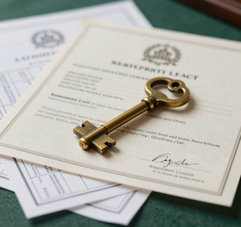 A collection of legal property deeds and blueprints laid out on a dark green felt surface, topped with a heavy brass key. The scene suggests a thorough legal review and elite certification process.