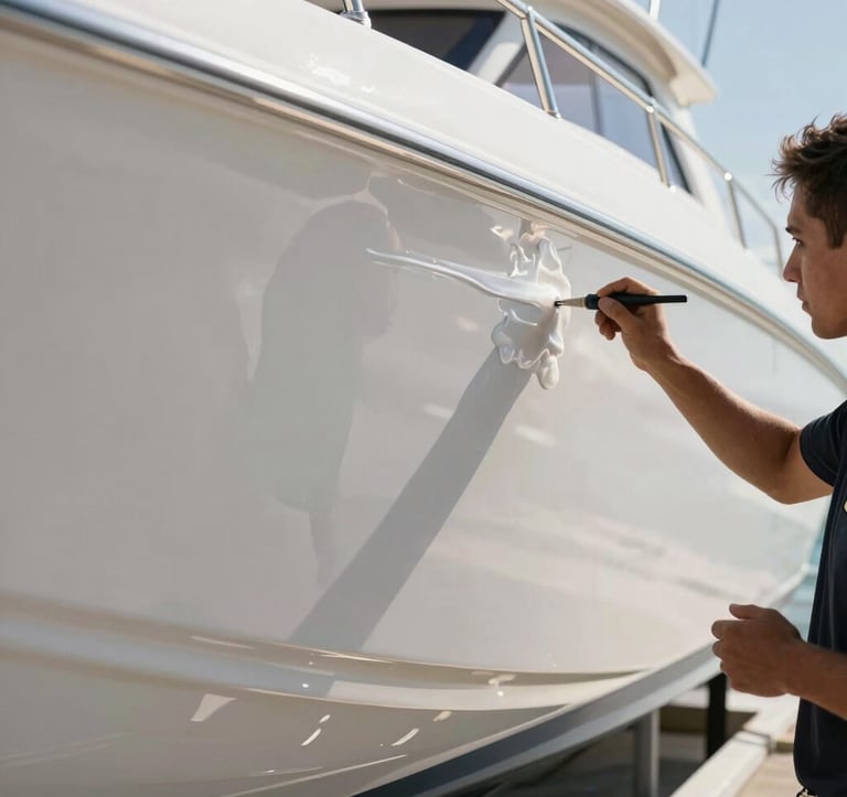 A close-up photograph of a skilled technician applying a high-gloss marine finish to a white yacht hull. The lighting is bright and clear, highlighting the mirror-like reflection on the fiberglass surface. Coastal Florida sunshine.