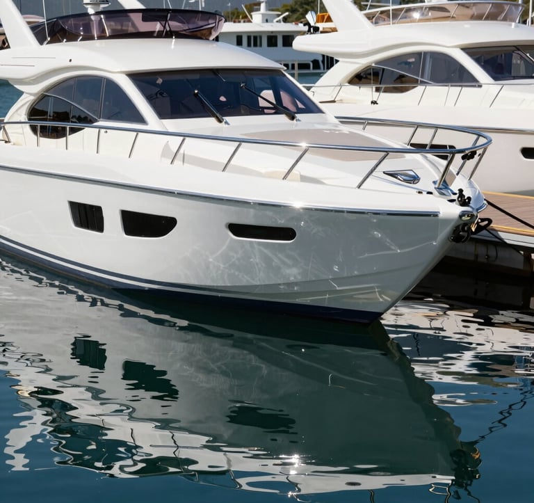 A high-gloss white luxury motor yacht docked at a premium North American marina. The shot focuses on the sleek lines and professional marine paint finish, with reflections of clear blue water.