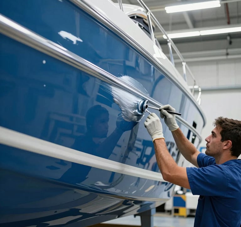 A high-precision shot of a marine professional applying a sophisticated silver-accented paint finish to a yacht hull in a modern, clean Florida shipyard. The lighting highlights the meticulous texture and glossy reflections of the ocean blue surroundings.