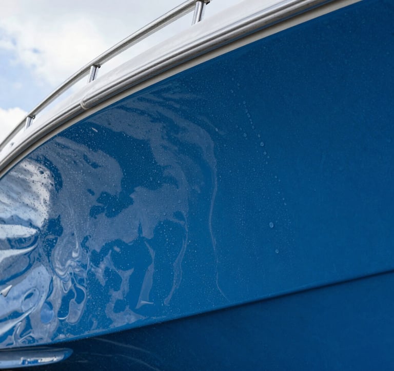 A high-detail photograph of water beading perfectly on a ceramic-coated blue boat hull. The reflections of the Florida sky are visible in the paint. Meticulous focus on the glossy, hydrophobic surface.