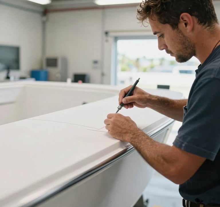 An intimate, professional shot of master craftsmen performing fiberglass restoration on a high-end vessel. The setting is a clean, bright marine facility in North American / US - Coastal Florida, focusing on skilled hands and premium materials.