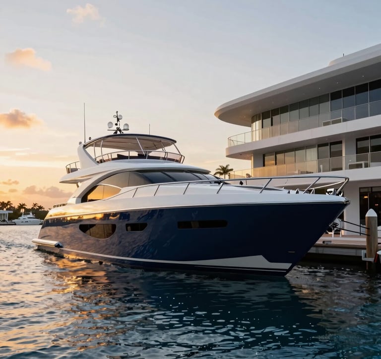 A luxury yacht docked at a modern marina in Florida at sunset. The boat is gleaming with a deep navy blue and white paint finish, reflecting the golden sky and ocean blue water. High-end architectural marine photography.