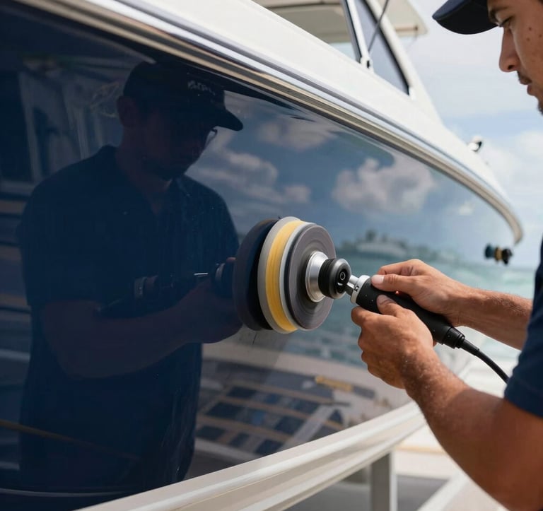 A side-profile shot of a technician using a rotary buffer on a dark navy blue boat hull. The polished surface reflects the bright Coastal Florida sky like a mirror. Professional marine detailing setup.