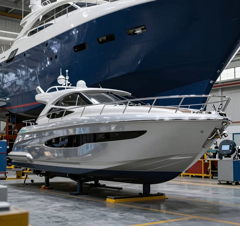 A luxury yacht in a professional shipyard setting being prepared for painting. The scene is clean, organized, and showcases high-end marine equipment. Soft silver and deep navy blue tones throughout the scene.