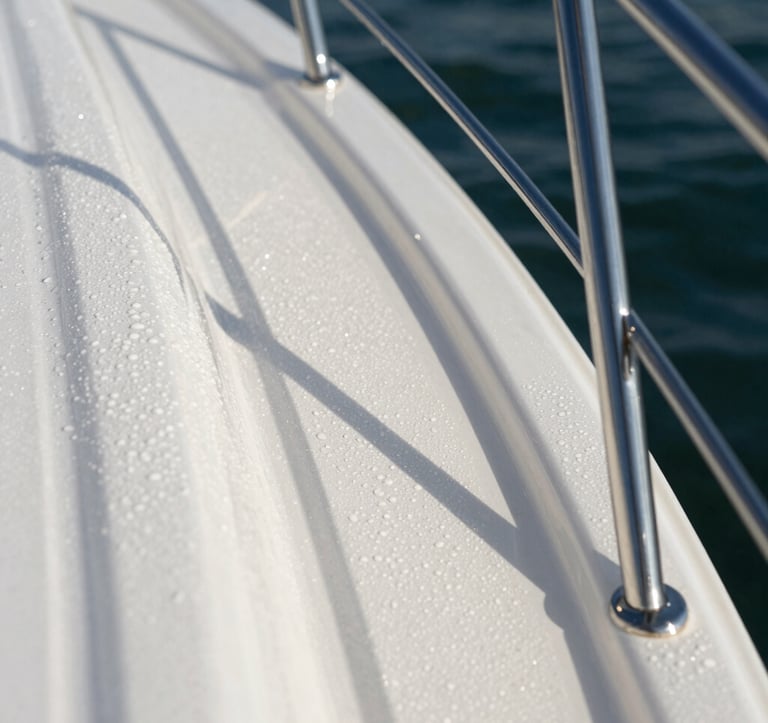 Macro photography of a yacht's surface after detailing. Water beads perfectly on the polished white surface. Silver accents of the railing glisten in the bright Florida sunlight. Sharp focus on the glossy, mirror-like finish.