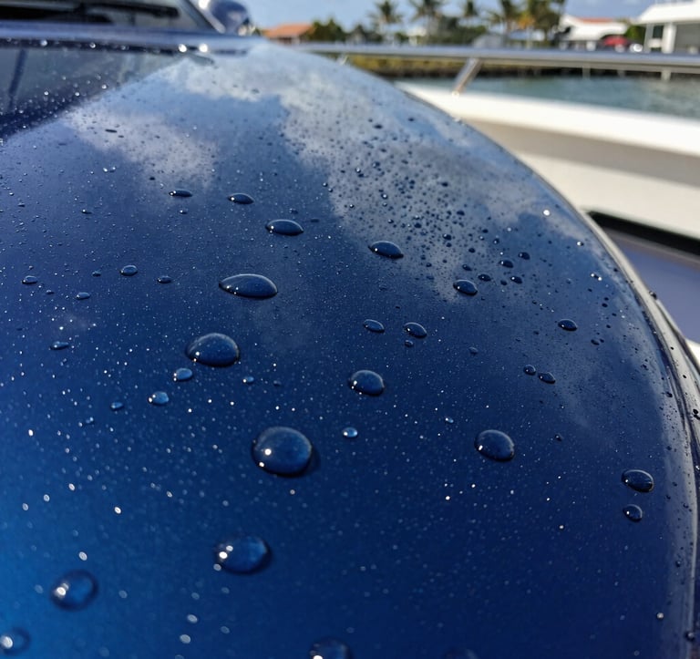 Macro photography of water droplets beading perfectly on a polished ocean blue yacht surface, demonstrating the hydrophobic protection of a ceramic coating. Natural outdoor lighting in Coastal Florida.