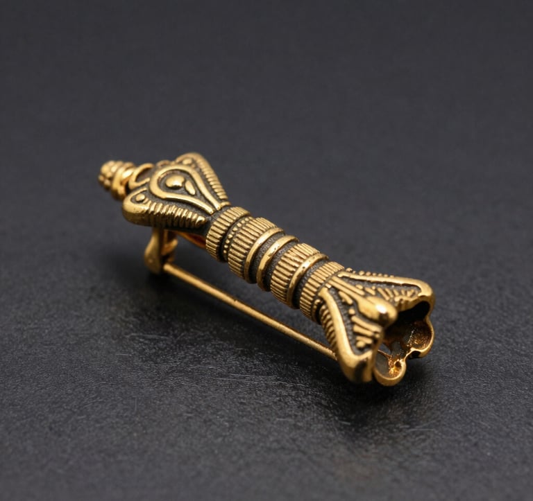 Macro photography of a premium custom-made antique gold lapel pin with intricate textures, resting on a dark brushed metal surface, high-end commercial style, antique gold highlights against charcoal black background.