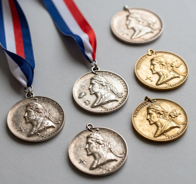 A close-up shot of several metallic silver and antique gold commemorative medals with elegant ribbons, displayed on a clean soft neutral gray background in a Spanish European industrial studio.