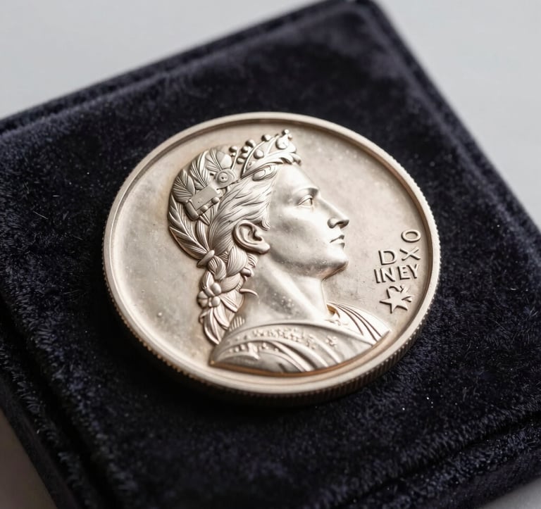 A professional close-up shot of a heavy, polished silver commemorative medal on a dark velvet cushion, dramatic side lighting highlighting the 3D relief and engraving, luxury presentation style in a Spanish / European studio.