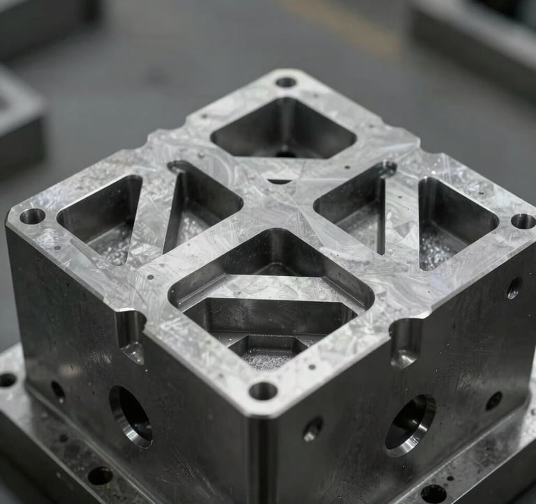 Detailed shot of a high-precision steel mold used for metal casting, showing intricate geometric patterns and a clean industrial aesthetic. Cool neutral lighting emphasizing the craftsmanship.