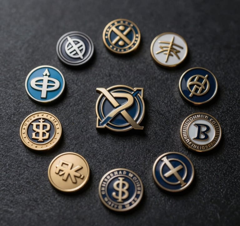 A collection of premium custom metal pins in various metallic finishes arranged symmetrically on a dark textured background, cinematic lighting, focused on the detail of the logos.