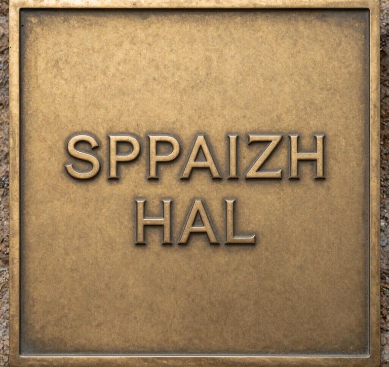 Detailed shot of a commemorative metal plaque with high-precision engraving. The metal has a soft antique gold patina. The composition is clean and minimal, emphasizing craftsmanship. Spanish manufacturing context.