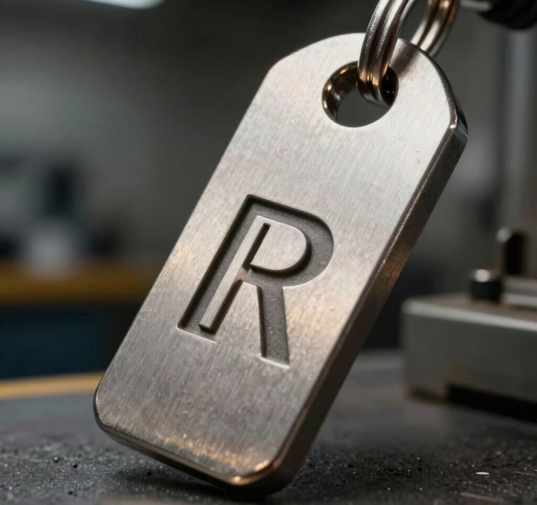 Close-up of a premium heavy-duty metal keychain with a brushed silver texture and deep engraved logo. The piece reflects subtle golden light. Background is a dark professional industrial workshop in Europe.