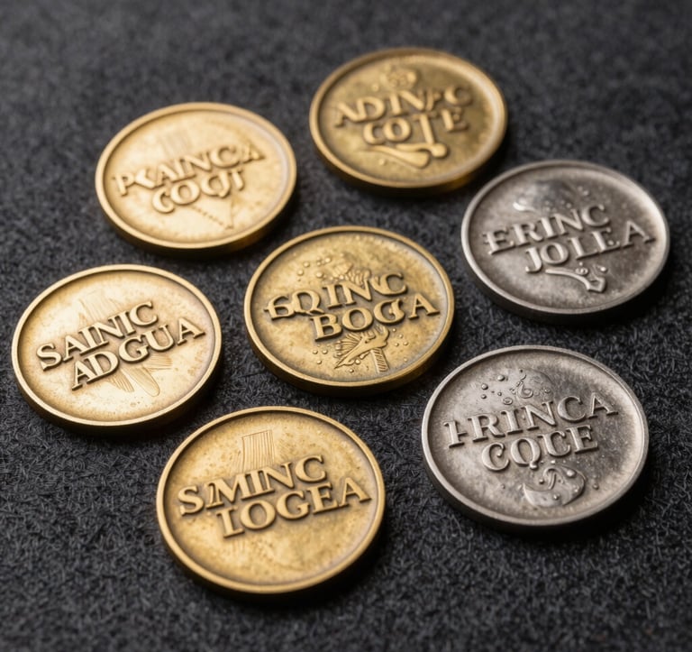 Macro photography of custom metal medals with antique gold and silver finishes, arranged elegantly on a dark charcoal textile. Soft high-contrast lighting highlighting the engraved typography and textures. Spanish luxury manufacturing aesthetic.