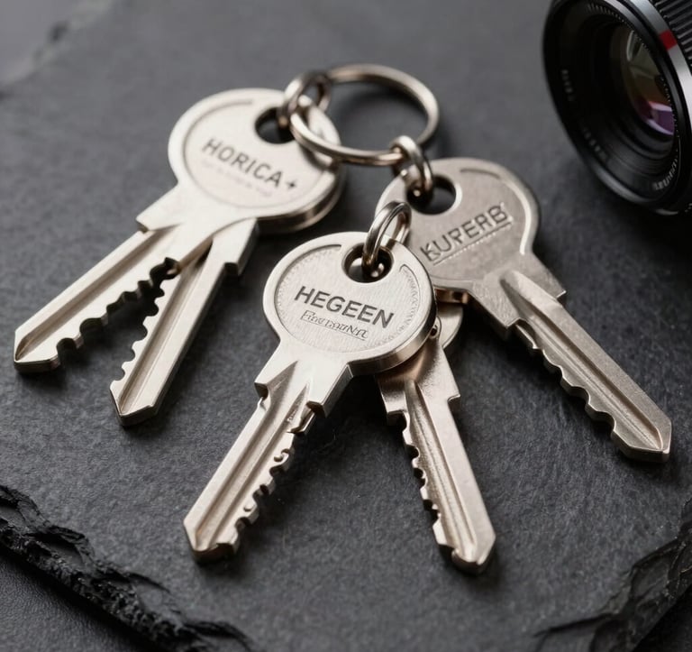 Macro photography of high-quality metal keychains with a brushed silver finish, arranged elegantly on a dark slate background, focused on the crisp engraving, luxury industrial aesthetic in a Spanish / European office setting.