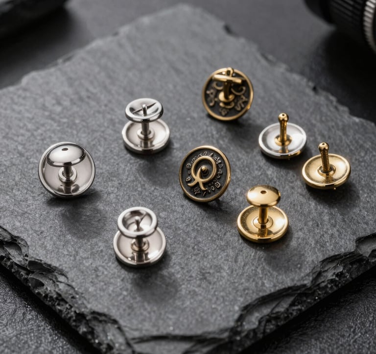 Group of custom metal pins with various finishes like metallic silver and antique gold, displayed on a dark grey slate surface. High contrast lighting creating sharp shadows. Luxury product presentation style.