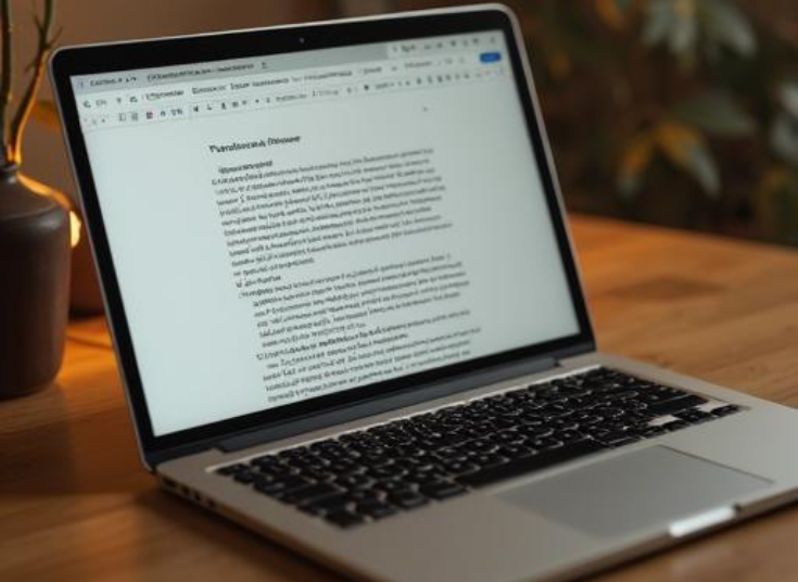 A computer showing a word processor on the screen with unreadable text