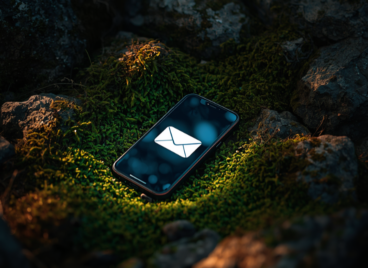 An image of a phone laying in a grassy area with an email icon on the phone screen