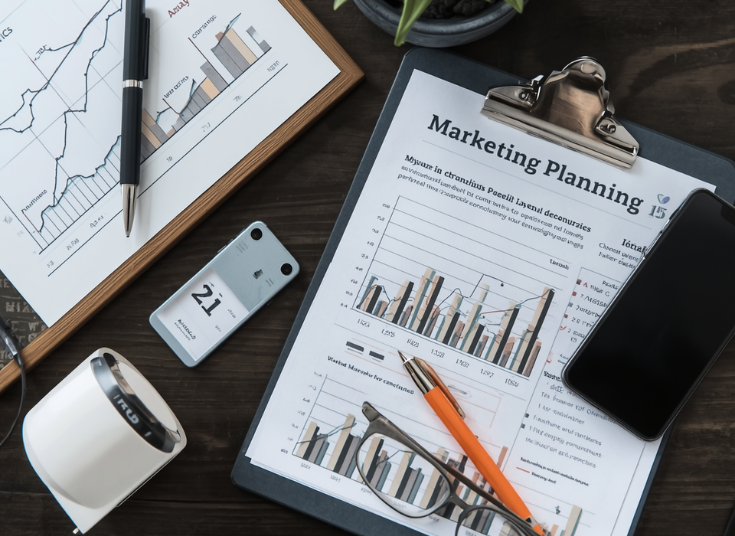 A compilation of a clipboard with marketing plans, glasses, two pens, and other office items