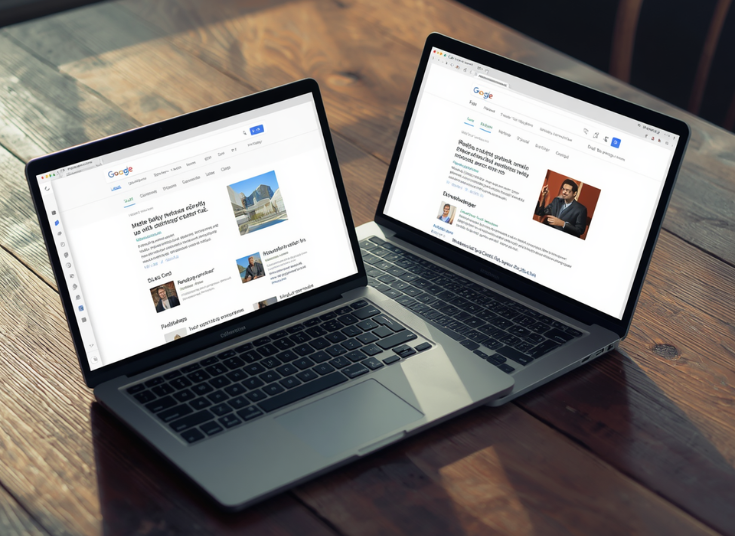 Two laptops showing search engine results