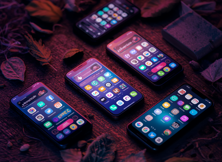 A picture of several cell phones, each displaying a lot of app icons on the screens