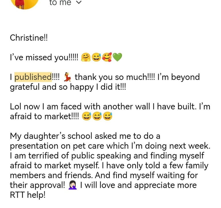 Client email describing how RTT helped her overcome a creative block and publish her work