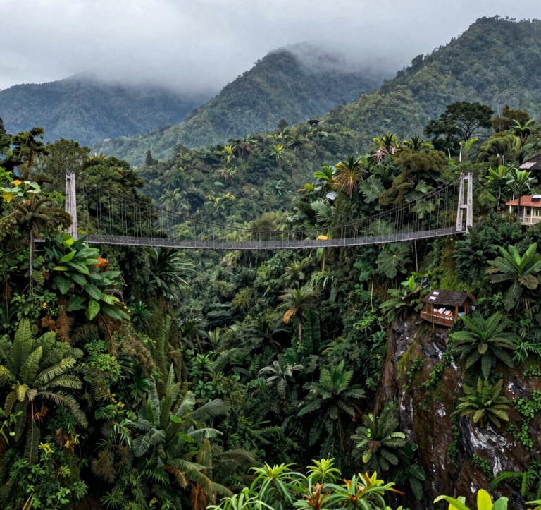 The world-record suspension bridge in Sukabumi spanning a deep jungle green valley, mist rolling over the mountains in the background, Southeast Asian / Indonesian highland setting.