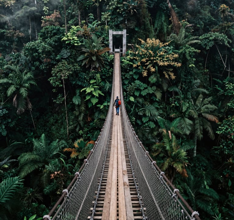 A dramatic shot of the Sukabumi suspension bridge, the longest in Southeast Asia, stretching across a lush Dark Forest Green valley. The wooden planks and rope structure are centered, leading the eye into the deep jungle mist. Professional hikers are seen in a Southeast Asian / Indonesian forest setting.