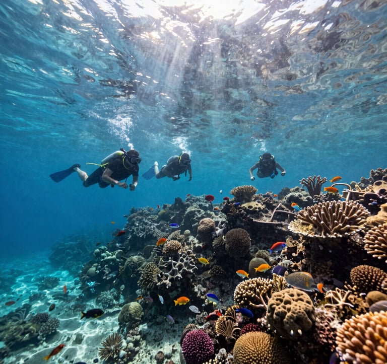 A bright and tropical photograph of a coral reef under clear Pale Seafoam water near Tidung Island. Sunlight pierces through the surface, illuminating colorful fish. A group of friends in snorkeling gear are visible in a Southeast Asian / Indonesian island environment.