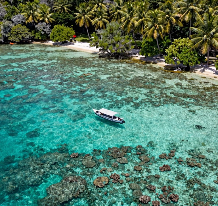An overhead shot of a turquoise lagoon in the Thousand Islands (Kepulauan Seribu), showing a small boat floating over a vibrant coral reef, forest sage green palms on the shore, Southeast Asian / Indonesian tropical environment.