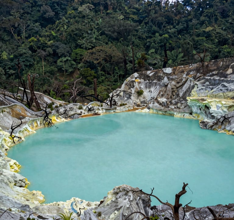 The surreal turquoise volcanic lake of Kawah Putih in Bandung, surrounded by white sulfurous ground and charred trees against a backdrop of deep jungle green forest, Southeast Asian / Indonesian volcanic landscape.