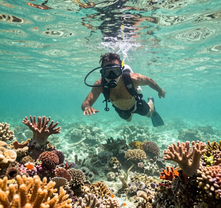 A vibrant travel photograph of snorkeling in the clear waters of Tidung Island, Kepulauan Seribu. A Southeast Asian / Indonesian guide shows colorful coral reefs to tourists. The water is a brilliant pale mint green under the bright tropical sun.