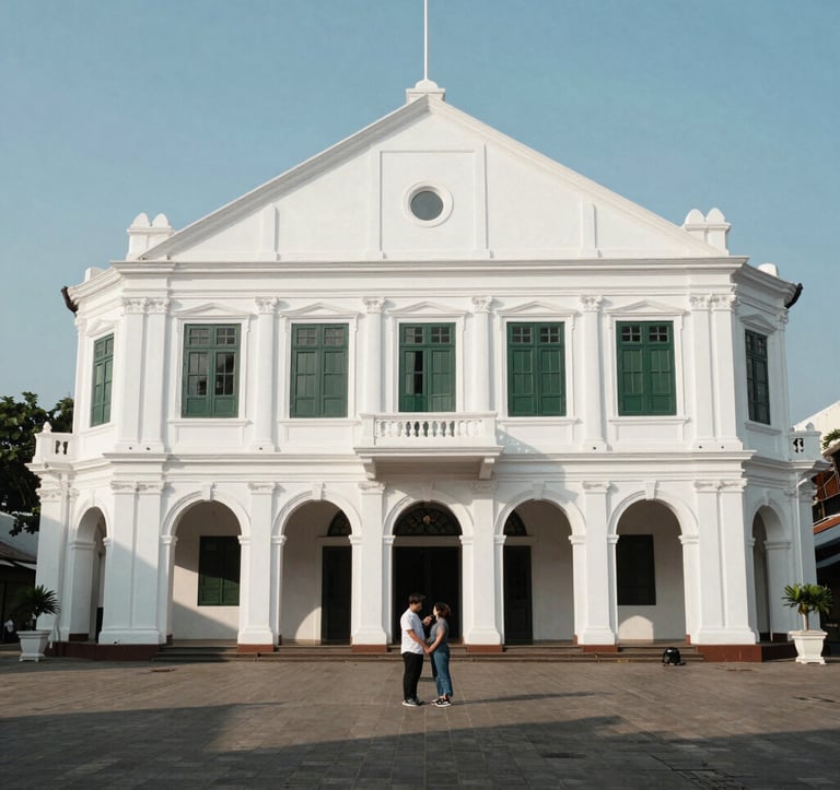 A high-end travel photograph of the historic Fatahillah Square in Kota Tua Batavia, Jakarta. A Southeast Asian / Indonesian couple is seen in the mid-ground. The architecture is colonial white (soft parchment) with dark forest green window frames, under clear, bright daylight.